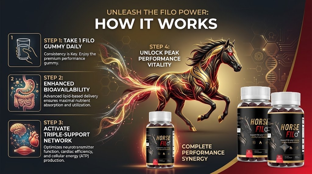 HorseFil how it works: take gummy daily, enhanced bioavailability, triple-support network, complete performance synergy