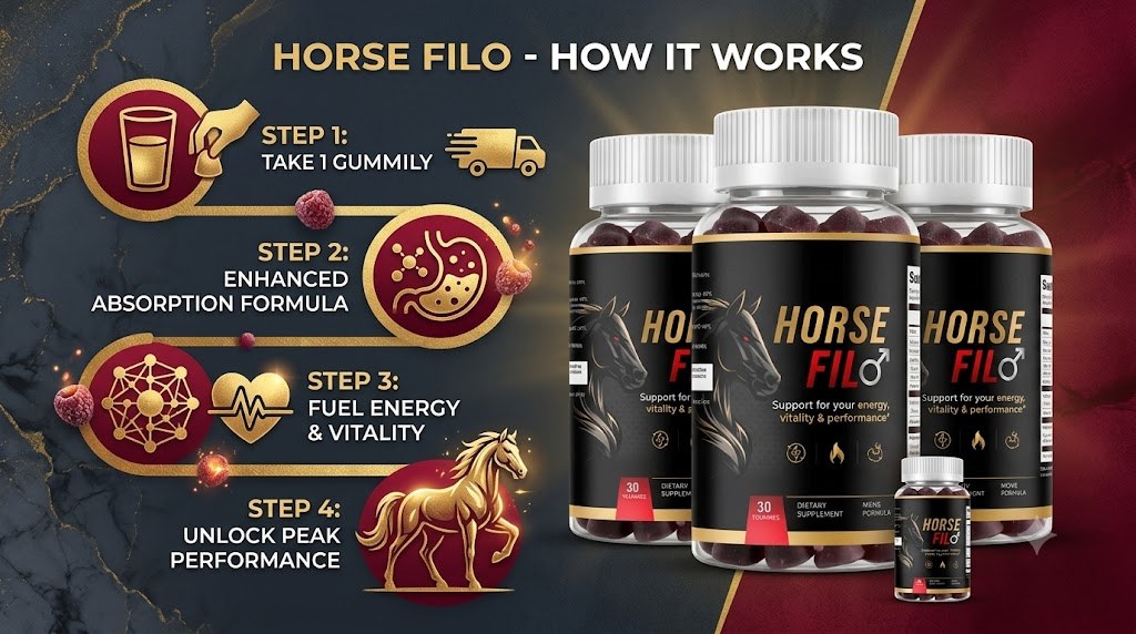 HorseFil four-step how it works: take gummy, enhanced absorption, fuel energy, unlock performance
